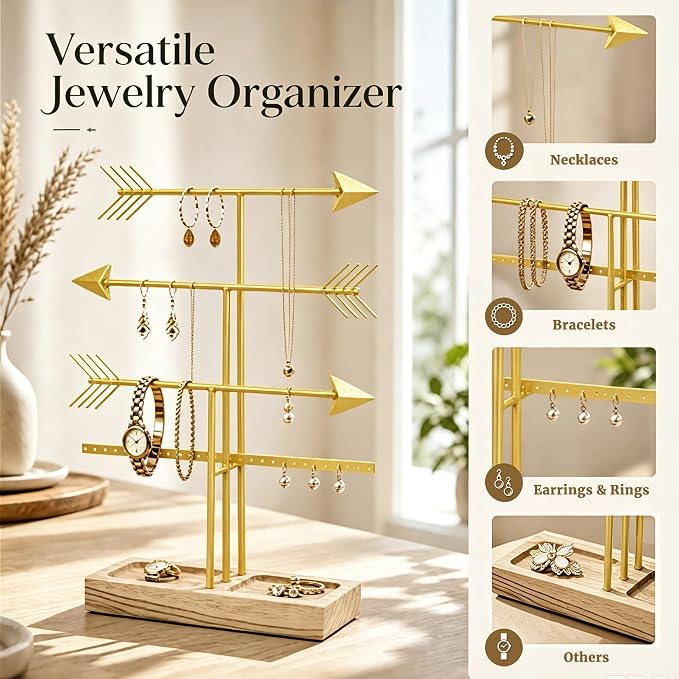 Urban Deco Arrow Jewelry Organizer Stand 4-Tier Gold Jewelry Stand Necklace Organizer With Wooden Ring Holder For Jewelry Display Bracelet Holder Stand Earring Organizer For Girls - Gold