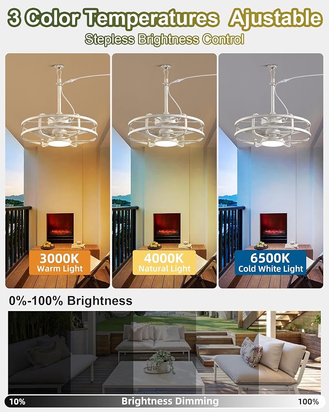 20" Outdoor Ceiling Fan with Light – Waterproof Plug-In Smart Fan for Porch, Pergola & Gazebo, 4CCT Color Adjustable, Alexa & Google Compatible, Caged Design, Antique White Gold Finish