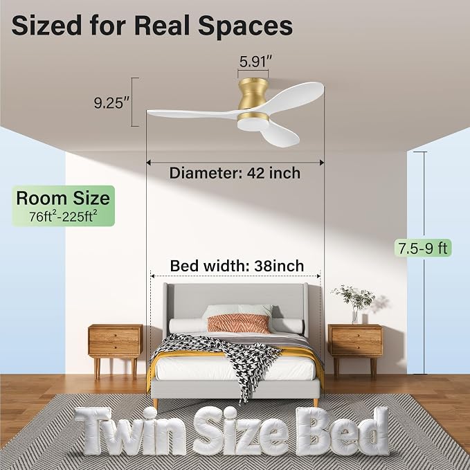 42" Wood Ceiling Fans with Lights Remote,Smart Control via WIFI Voice Alexa APP,White and Gold Flush Mount Ceiling Fan,Dimmable,6 speed,Quiet Motor,Outdoor Indoor Low Profile Fan for Bedroom,Patio