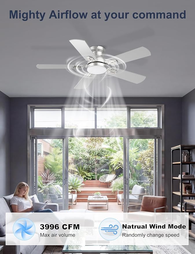 42'' Silver Low Profile Ceiling Fan with Lights for Kids Room | App/Remote Control, Flush Mount, Space-Saving, Quiet DC Motor, 3CCT Dimmable, 6 Speeds Modern Overhead Fan for Low Ceilings