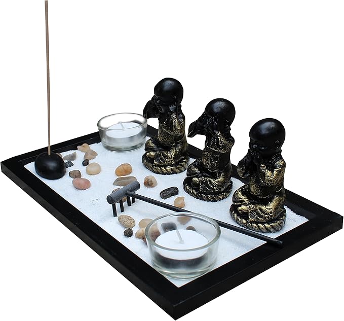 Zen Garden Meditation Garden 3 Buddha See, Speak, Hear No Evil Statues, Incense Holder, Incense, 2 Tea Light Holders, Rocks, Sand, Rake (Candles Not Included)