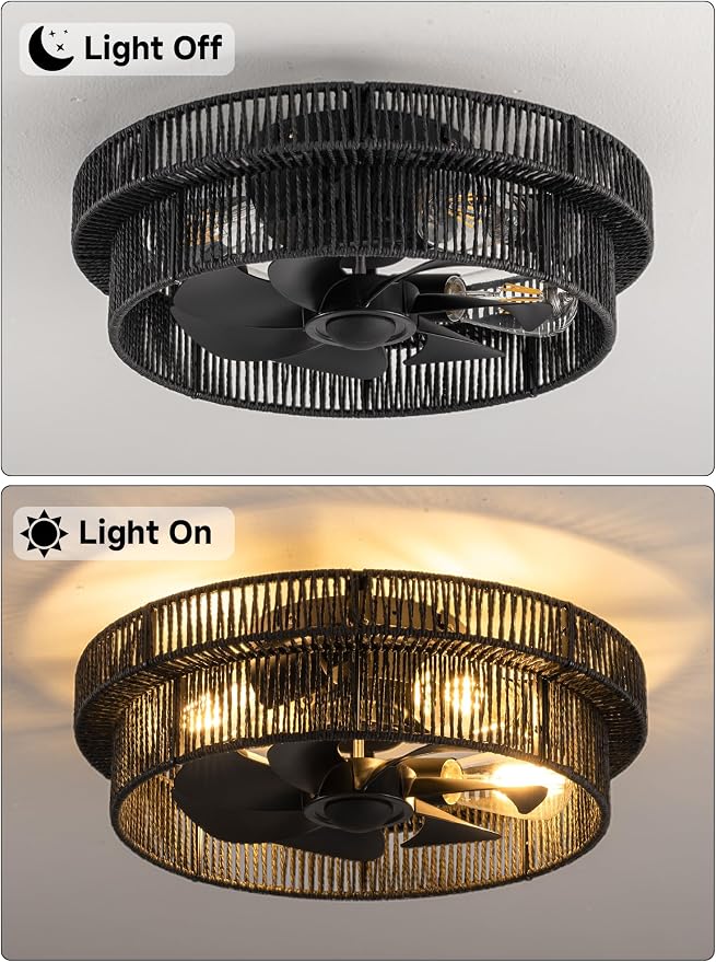 Handwoven Boho Ceiling Fans with Lights Flush Mount,Rattan Farmhouse Caged Fandelier Low Profile Enclosed Chandelier Fan with 6 Speeds for Bedroom,Nursery,Dining Room(Black)