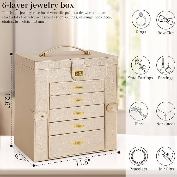 AKOZLIN 6-Tier Jewelry Box Organizer Functional 5 Drawers Leather Jewelry Storage Case for Women Girls Ring Necklace Earring Bracelet Holder Organizer with Mirror Extra Large Champagne