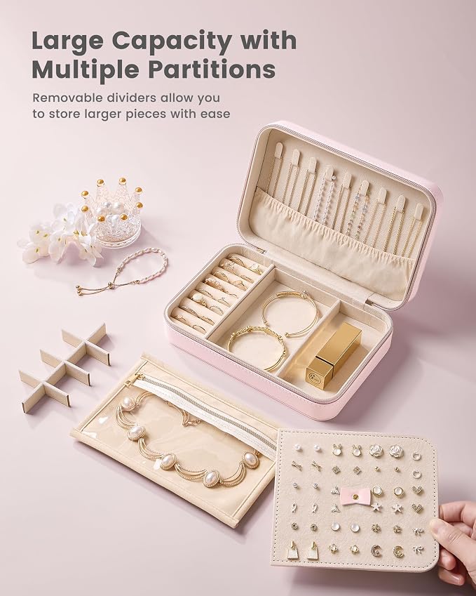 Lolalet Travel Jewelry Case for Women Girls, PU Leather Jewelry Organizer with Clear Storage Bag Small Portable Jewelry Box for Necklace Bracelet Earring Ring Birthday Bridesmaid Gifts -Large/Pink