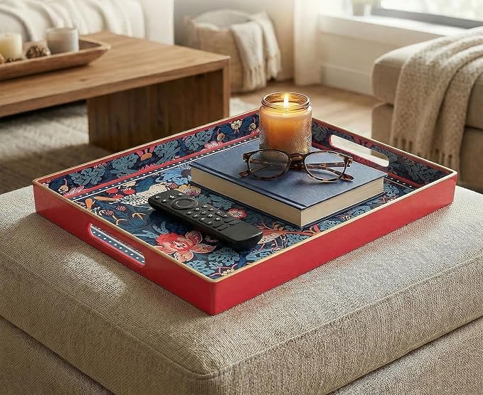 Decorative Tray, Marbling Plastic Tray with Handles, Rectangular Vanity Tray and Serving Tray for Bathroom, Kitchen, Ottoman and Coffee Table (Blue Flower Bird, 15.7 x 11.8 Inch)