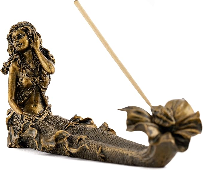 Top Collection Beach Mermaid Incense Holder Statue - Hand Painted Beautiful Mythical Creature with Bronze Antique Finish Look- 9-Inch Long Fragrance Incense Burner Figurine