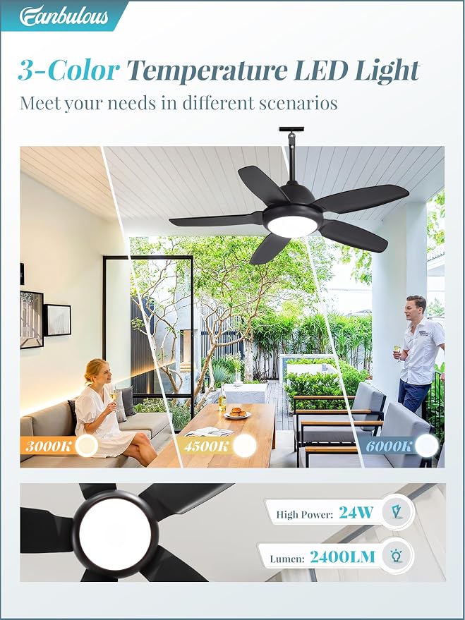 Fanbulous 42 Inch Waterproof Outdoor Ceiling Fan with Lights and Remote,IP65 Hanging Gazebo Fan with 3CCT 6-Speed DC Motor,Black Wet Rated Plug in Ceiling Fan with Cord for Patios Porch Pergola | IP65 Wet Rated, 3CCT Dimmable Light,Remote Control,6-Spe...