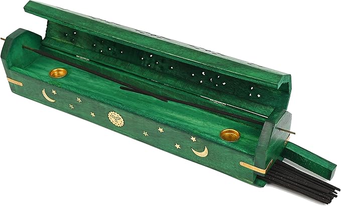 Incense Garden Pack of 2 Incense Stick Holder - Coffin Style - Wood Incense Stick Burner with Sun Moon Star Handmade with Brass Inlays (Green)
