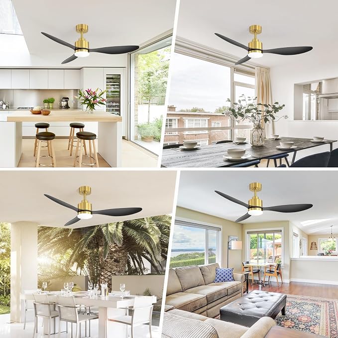 52" Ceiling Fans with Lights and Remote, Quiet DC Motor, 3 Reversible Blades, Modern Gold and Black Ceiling Fan with 3-Color LED Light Fandelier for Bedroom Living Room