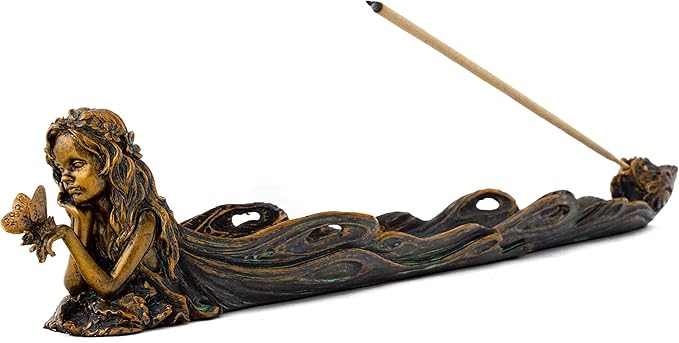 Top Collection Cute Fairy Incense Holder - Hand Painted Mythical Creature with Butterfly Figurine- Fits Standard Incense Sticks- 10-Inch Long Collectible Incense Burner