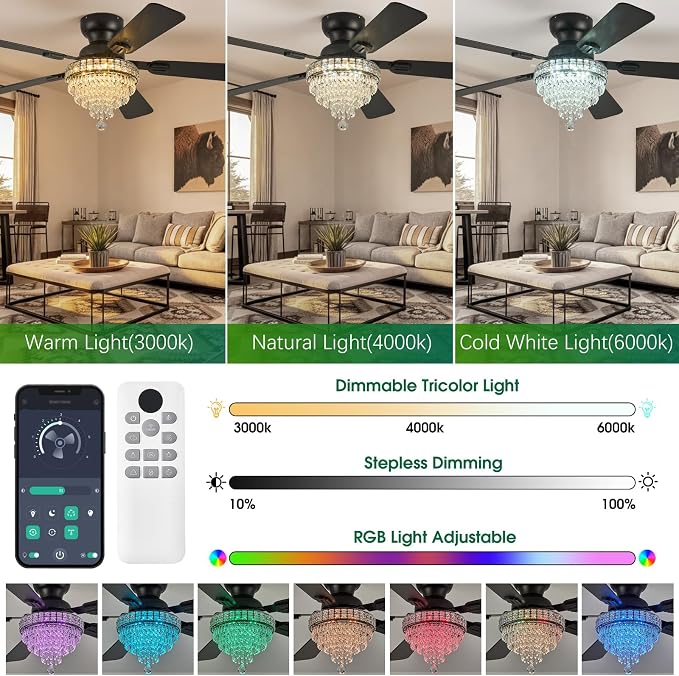 52“ Crystal Ceiling Fans with RGB Lights, Remote/App Control, Modern Fandelier Flush Mount, Reversible DC Motor, Dimmable, Noiseless Ceiling Fan for Bedroom, Living Room (Black)