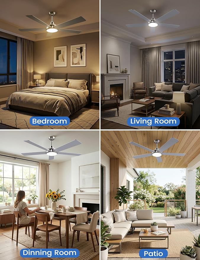 60 Inch Ceiling Fans with Lights and Remote/App Control: Brushed Nicel Ceiling Fan with Light, Quiet DC Motor, Dimmable Tri-Color LED, Modern Ceiling Fan for Bedroom/Patio, Indoor/Outdoor