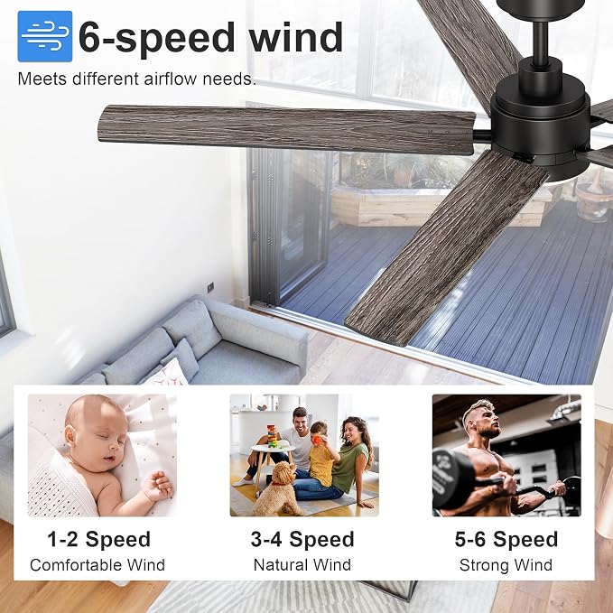 60 Inch Black Ceiling Fan with Light and Remote Control,Dimmable 3 Color Temperatures LED Ceiling Fan,6 Speeds Reversible DC Motor,5 Blades Modern Ceiling Fans for Indoor or Covered Outdoor