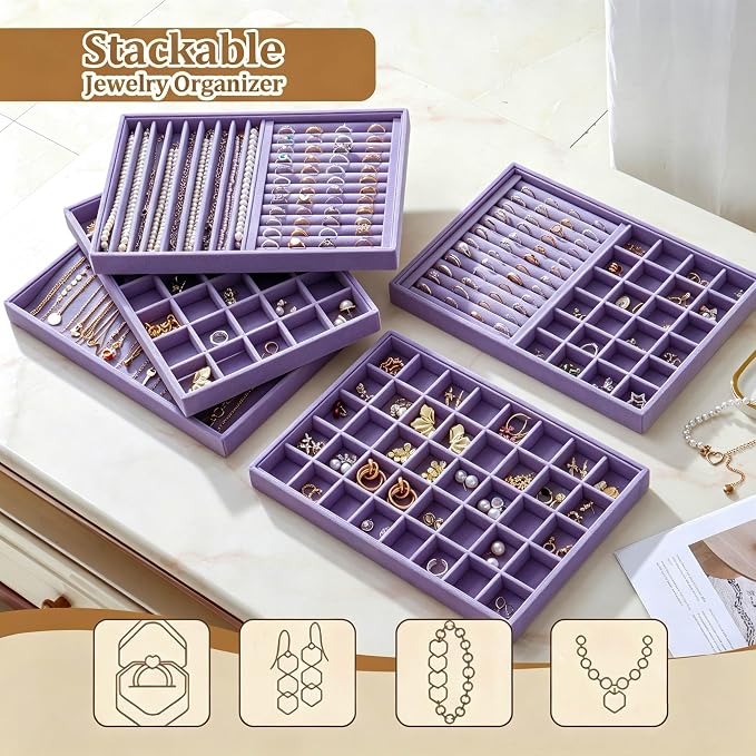 Large Velvet Jewelry Tray 2 Pack Stackable Jewelry Display Drawer Inserts Trays Organizer for Earring Bracelet Necklace Ring (Purple, Ring and 9 Grids)