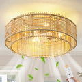 KAISITE Boho Caged Ceiling Fan with Light and Remote Control 19" Rattan Fandelier 6 Speeds Low Profile Bladeless Ceiling Fan Flush Mount Chandelier Fan for Bedroom Living Room