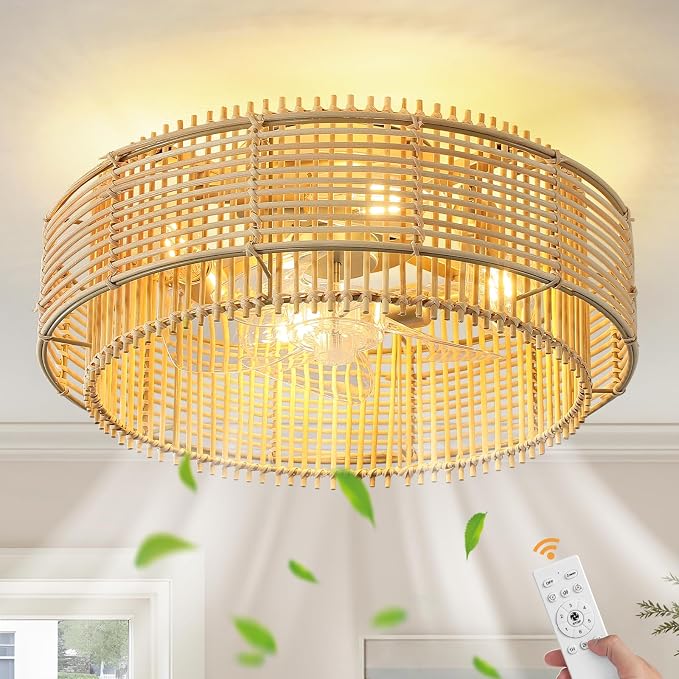 KAISITE Boho Caged Ceiling Fan with Light and Remote Control 19" Rattan Fandelier 6 Speeds Low Profile Bladeless Ceiling Fan Flush Mount Chandelier Fan for Bedroom Living Room