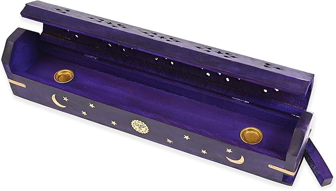Incense Garden Pack of 2 Incense Stick Holder - Coffin Style - Wood Incense Stick Burner with Sun Moon Star Inlays Handmade with Brass Inlays (Purple)