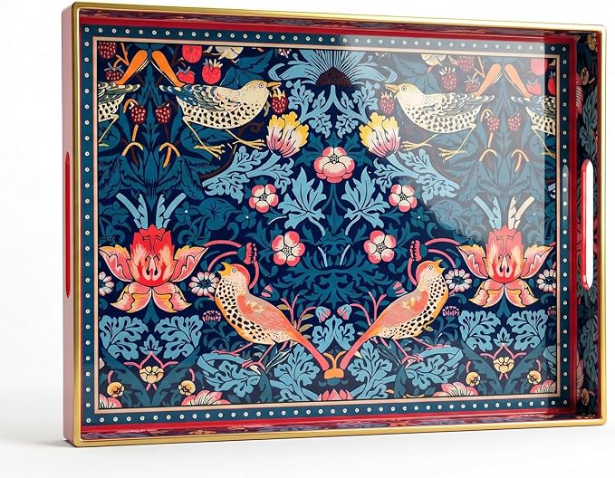 Decorative Tray, Marbling Plastic Tray with Handles, Rectangular Vanity Tray and Serving Tray for Bathroom, Kitchen, Ottoman and Coffee Table (Blue Flower Bird, 15.7 x 11.8 Inch)