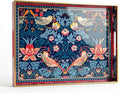 Decorative Tray, Marbling Plastic Tray with Handles, Rectangular Vanity Tray and Serving Tray for Bathroom, Kitchen, Ottoman and Coffee Table (Blue Flower Bird, 15.7 x 11.8 Inch)
