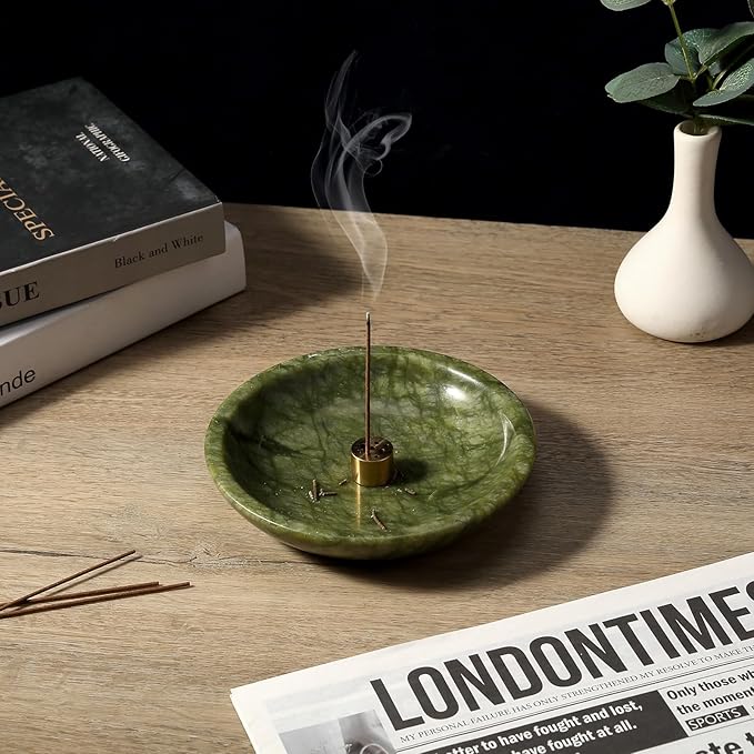 Koville Natural Marble Incense Holder, Incense Holder for Sticks with 9 Holes, Handmade Incense Burner Ash Catcher for Meditation Yoga SPA, Balsam Fir/Palo Santo/Sage/Cone (Green)