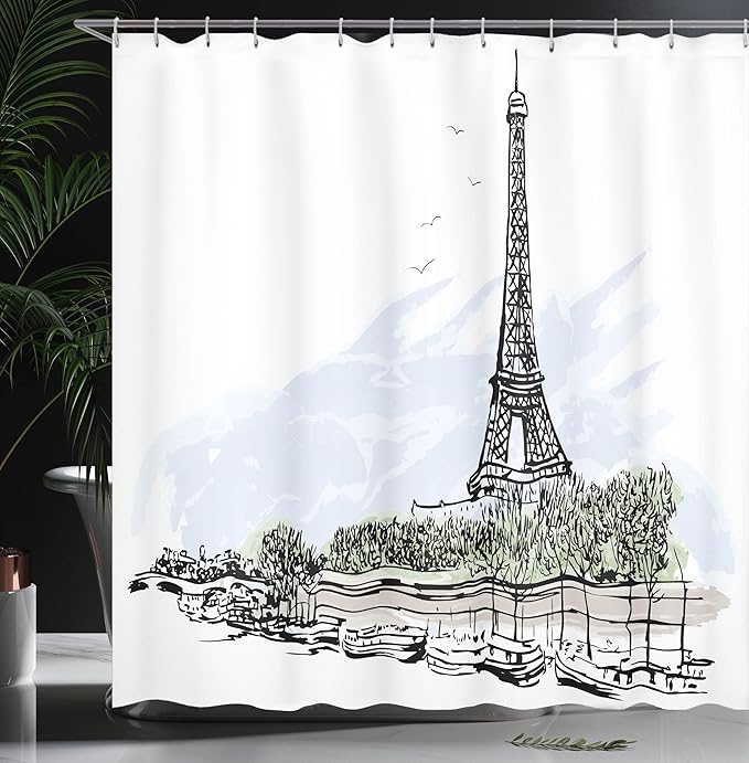 Ambesonne Paris Shower Curtain, Architecture Theme Illustration of Eiffel Tower Birds and Trees Pattern Print, Cloth Fabric Bathroom Decor Set with Hooks, 69" W x 70" L, White and Black