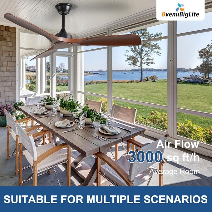 Ceiling Fan Without Light: 52 Inch Outdoor Fan for Patios - Walnut Ceiling Fan No Light Indoor - Modern 3 Blade Fan with Remote APP Control Reversible 6 Speed DC Motor