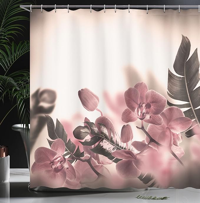 Ambesonne Tropical Shower Curtain, Exotic Orchids Blossom Leaves on Blurred Background Floral Themed Modern Art, Cloth Fabric Bathroom Decor Set with Hooks, 69" W x 84" L, Dried Rose