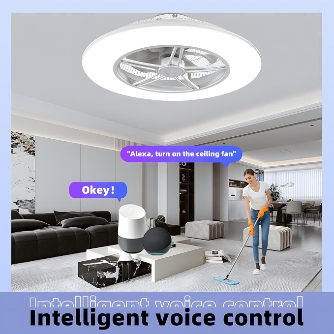 BAYSQUIRREL Alexa WiFi Low Profile Ceiling Fan with Light Flush Mount Enclosed Ceiling Fan 22" LED Dimmable Bladeless Ceiling Fans with Google Assistant/App Control,6 Speed Dimmable LED-RGB Lights