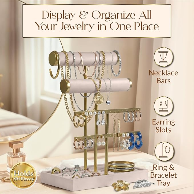 Jewelry Tower Stand Organizer for Women - Soft Touch Velvet Elegant Jewelry Holder Display with Necklace Holder, Earring Organizer & Bracelet Rack - Tabletop Stand for Dresser, Vanity, Desk - Beige