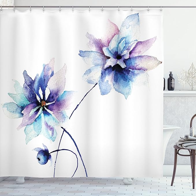 Ambesonne Watercolor Flower Shower Curtain with Hooks Flourishing Drawing with Soft Spring Colors in Retro Style Art Luxury Cloth Fabric Set for Home Dorm & Bathroom Decor 69" W x 70" L, White Purple