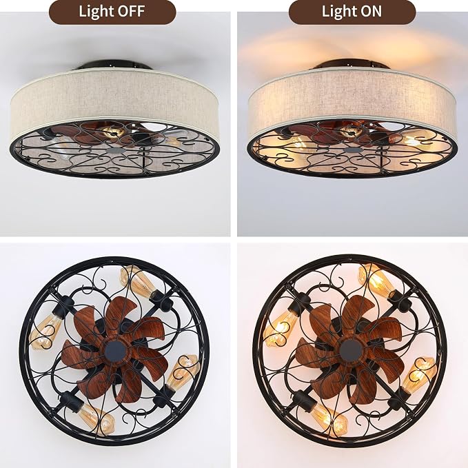20 Inch Caged Ceiling Fans with Lights Flush Mount,Low Profile Fabric Farmhouse Bladeless Ceiling Fan with Remote, Farmhouse White Ceiling Fan for Bedroom,6 Speeds Reversible Silent Fandalier