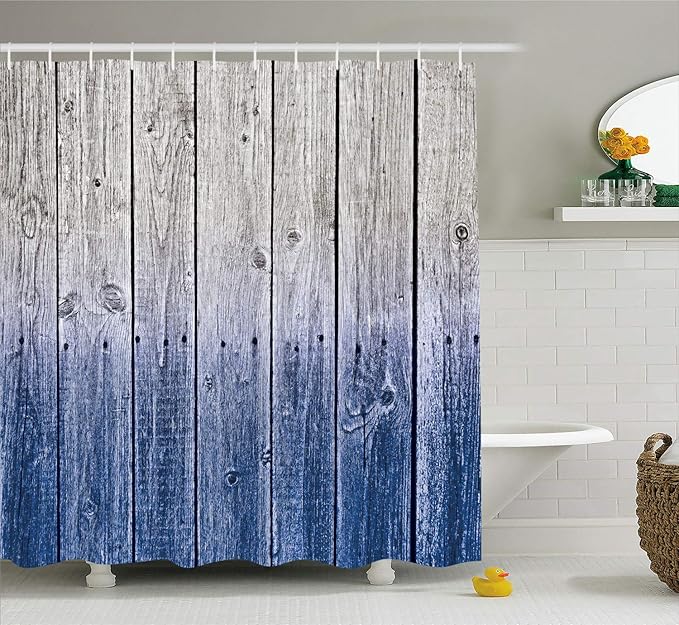 Ambesonne Rustic Shower Curtain, Wood Panels Background with Digital Tones Effect Country House Image, Cloth Fabric Bathroom Decor Set with Hooks, 69" W x 84" L, Cobalt Grey