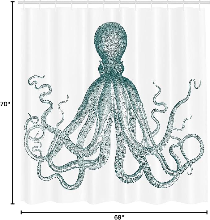 Ambesonne Nautical Shower Curtain, Vintage Engraved Illustration of an Octopus Sea Creature Monochrome Art, Cloth Fabric Bathroom Decor Set with Hooks, 69" W x 70" L, Pale Seafoam