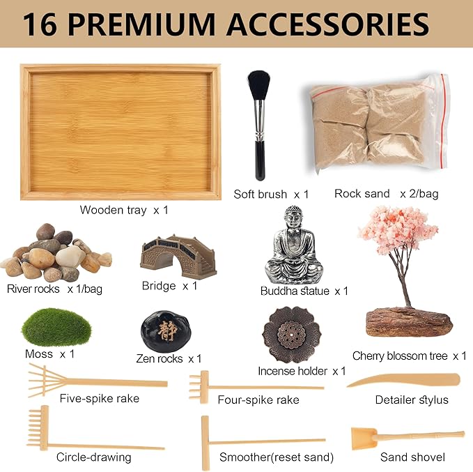 Zen Sand Garden Kit for Desk with Incense Stick Holder 11"x7.5" 6 Tools, 16 Accessories