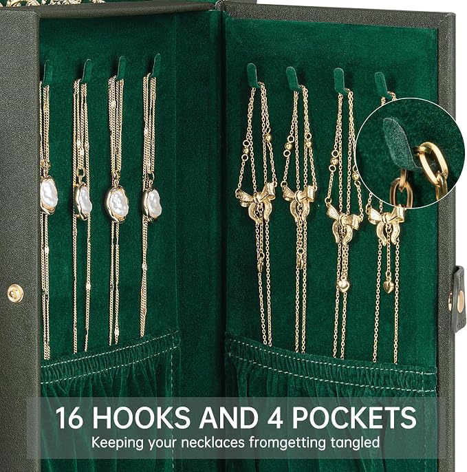 AKOZLIN 6-Tier Jewelry Box Organizer Functional 5 Drawers Leather Jewelry Storage Case for Women Girls Ring Necklace Earring Bracelet Holder Organizer with Mirror Medium Dark Green