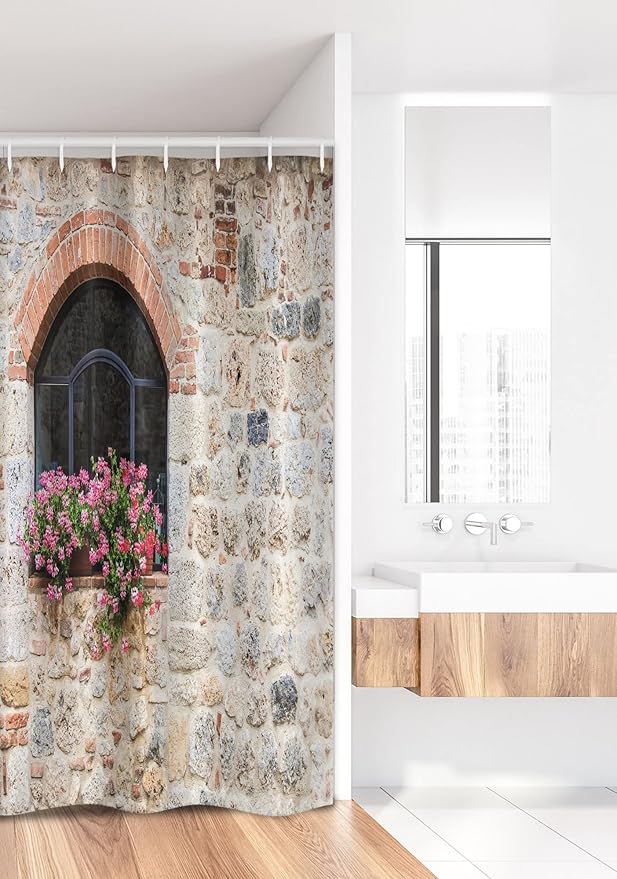Ambesonne Tuscan Stall Shower Curtain, Gothic Architecture Abandoned Old Stone House Vintage Stairs in Tuscany, Fabric Bathroom Decor Set with Hooks, 36" W x 72" L, Salmon Ivory