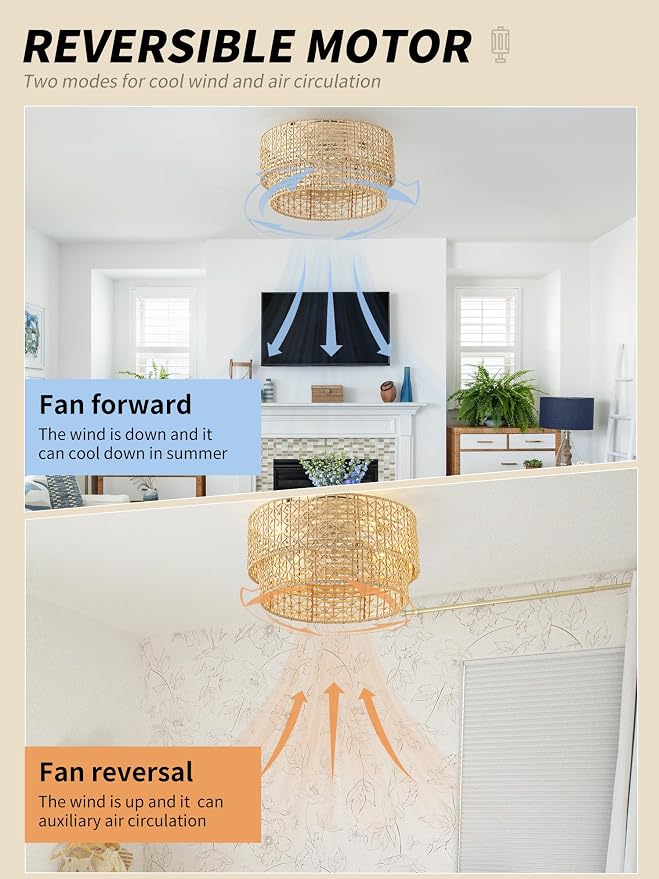 Flush Mount Ceiling Fan with Lights Low Profile, 20" Rattan Boho Ceiling Fan with Light Remote Control, Bladeless Caged with 6 Speeds for Bedroom, Living Room, Nursery