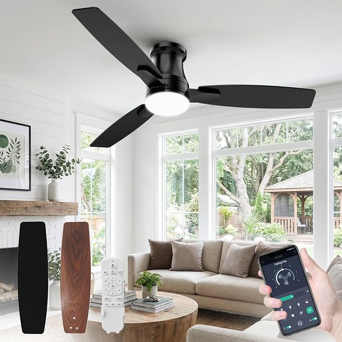 46 Inch Flush Mount Ceiling Fan with Light, Silent Motor, Dimmable LED 3 CCT, 6 Speed, Reversible DC Motor, Remote & APP Control, Black Modern for Bedroom & Elderly