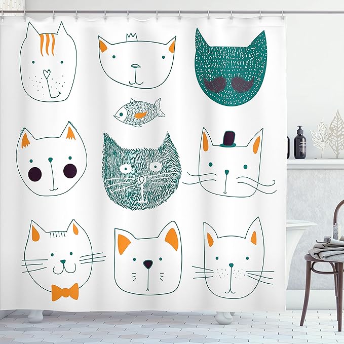 Ambesonne Cat Shower Curtain, Pets Moustache Bow Tie Hat Crown Fluffy and Fish Humor Faces Graphic, Cloth Fabric Bathroom Decor Set with Hooks, 69" W x 70" L, Teal Apricot