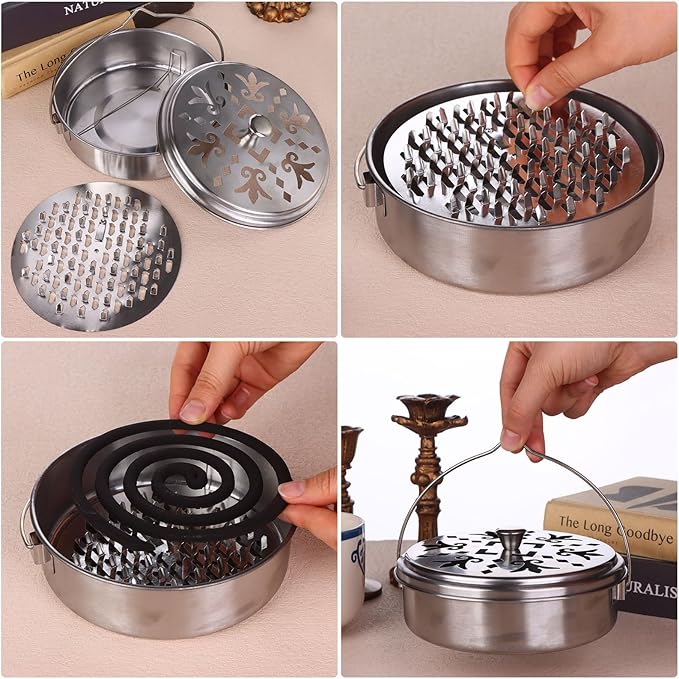 4 Pieces Mosquito Coil Holder Portable Mosquito Incense Holder with Handle Round Metal Sandalwood Incense Burner for Home Camping Indoor Outdoor Patio (Silver)