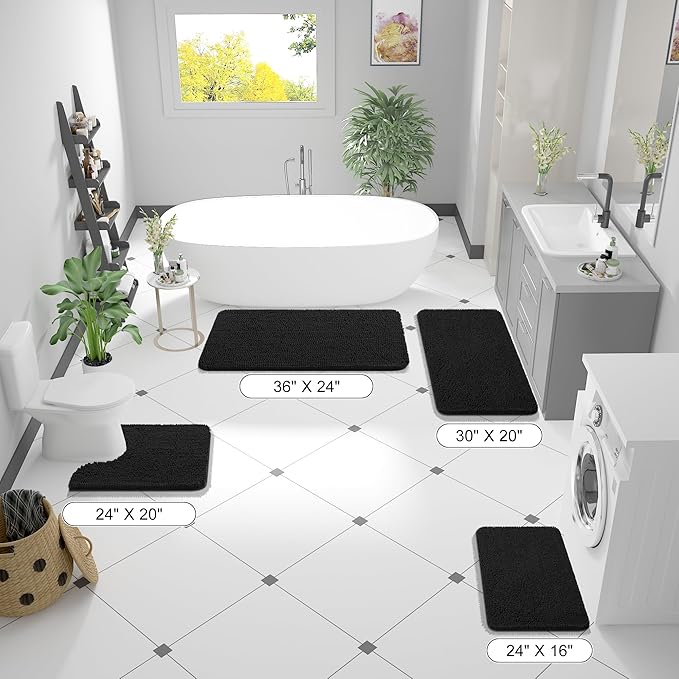 OLANLY Bathroom Rugs 47x20, Extra Soft Absorbent Chenille Bath Rugs, Rubber Backing Quick Dry, Machine Washable Bath Mats for Bathroom Floor, Tub and Shower, Home Decor Accessories, Black