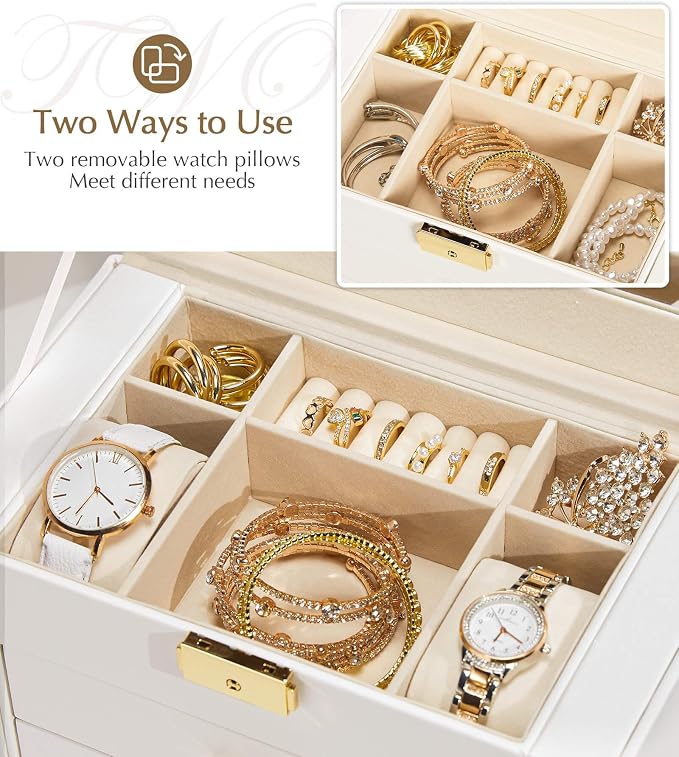 Homde Jewelry Box Large for Women: 6 Layers 5 Drawers Organizer with Mirror for Ring Earring Necklace - Storage Holder with Lock for Dresser - Ideal Gift Case (White)