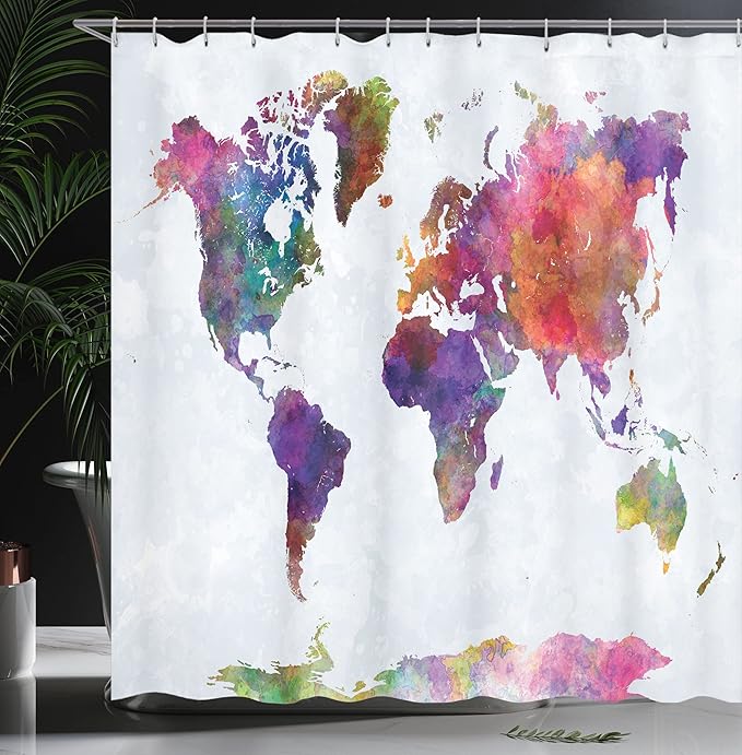 Ambesonne Watercolor Shower Curtain, Multicolored Hand Drawn World Map Asia Europe Africa America Geography Print, Cloth Fabric Bathroom Decor Set with Hooks, 69" W x 70" L, Purple Multicolor