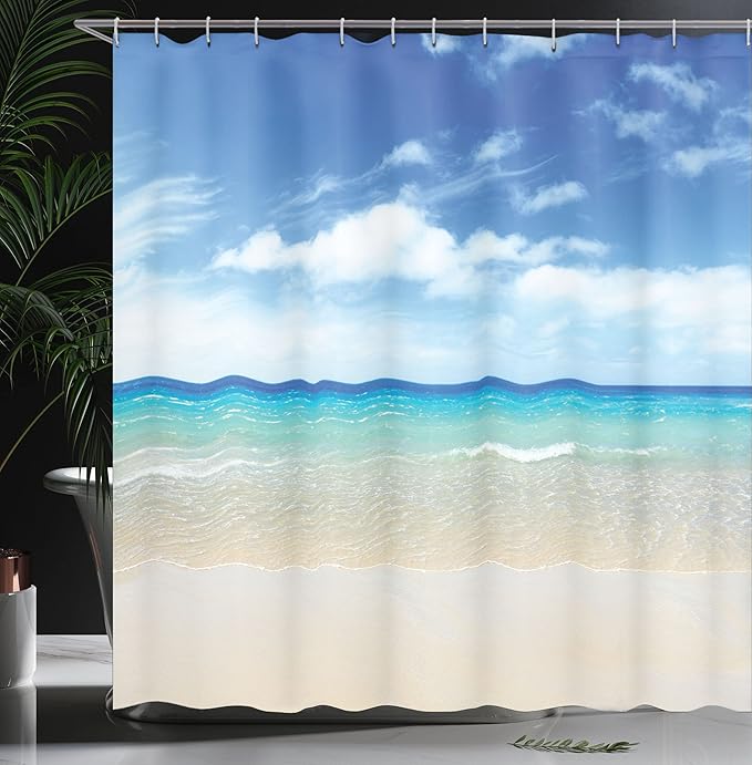 Ambesonne Ocean Shower Curtain, Tropical Sandy Beach at Summer Sunny Day Holiday Vacation Theme Image Print, Cloth Fabric Bathroom Decor Set with Hooks, 69" W x 70" L, Ivory Blue
