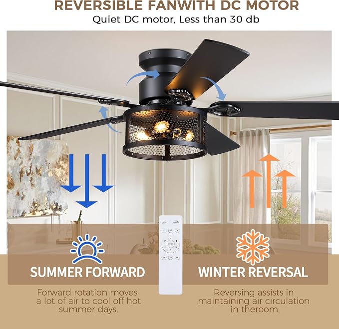 JSAITEE 52in Flush Mount Farmhouse Ceiling Fan with Lights, Caged | Low Profile Fan Light with E12 Base(Bulbs Not Included), 6 Speeds Adjustable&Timer, Rustic Lighting Fan for Indoor/Outdoor