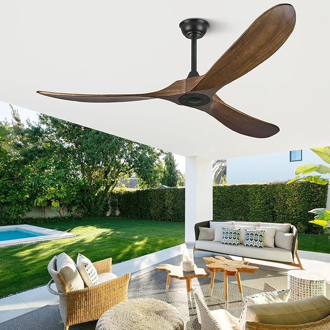 52 Inch Outdoor Ceiling Fans Without Lights, Wood Ceiling Fan no Light with Remote Control and Quiet BLDC Motor, Indoor 3 Blade Propeller Fan Damp Rated for Rustic Patios Farmhouse Porch, Dark Walnut