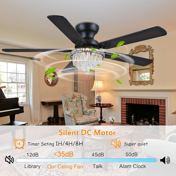 GJeg Crystal Ceiling Fan Fandelier with Lights-Ceiling Fans with Remote Control,Modern Ceiling Fan with Noiseless DC Reversible Motor,Dining Room,Living Room(52" Black)