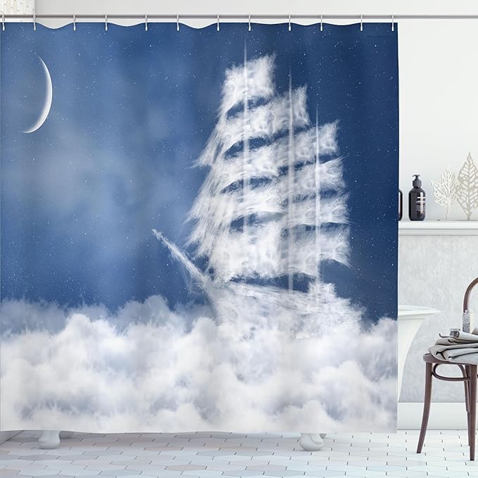 Ambesonne Nautical Shower Curtain, Yacht in The Ocean Madend Shaped with Fluffy Cloudstmospheric Imaginary Sky, Cloth Fabric Bathroom Decor Set with Hooks, 69" W x 70" L, Blue Cream