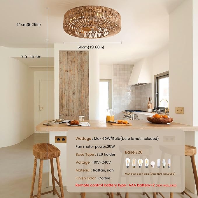 20" Boho Caged Fandelier with Lights Flush Mount Rattan Ceiling Fan with Lights and Remote Control, Enclosed 6 Speeds Low Profile Fan Light for Bedroom, Living Room, Kitchen