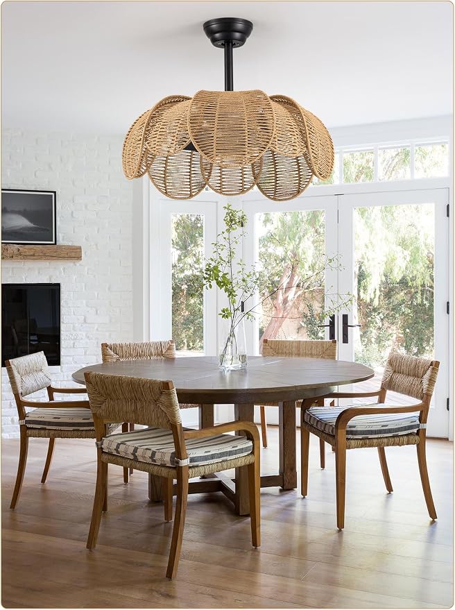26" Boho Ceiling Fans with Lights and Remote,Black Handwoven Rattan Fandelier with 6 Speeds Timing for Kitchen Island,Dining Room,Living Room,Nursery